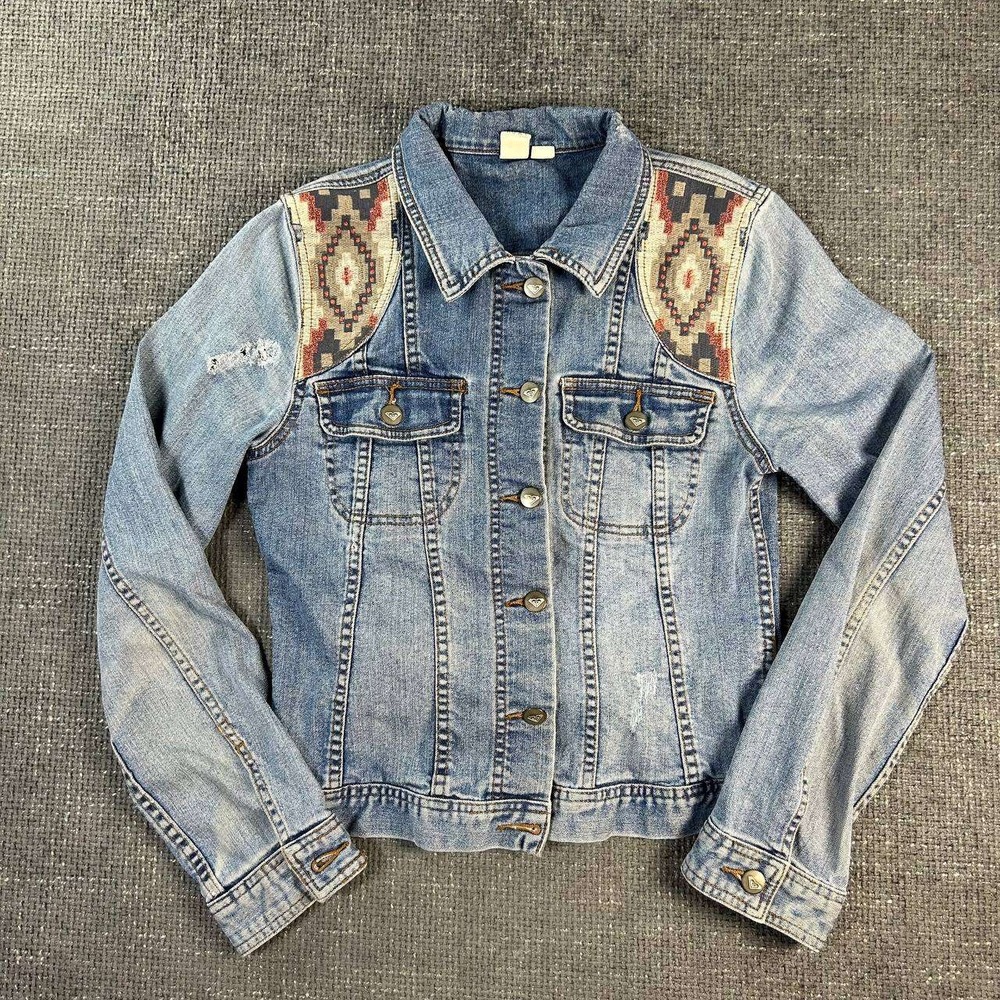 Roxy Denim Jacket Womens Medium Blue Southwestern Tapestry Boho Distressed